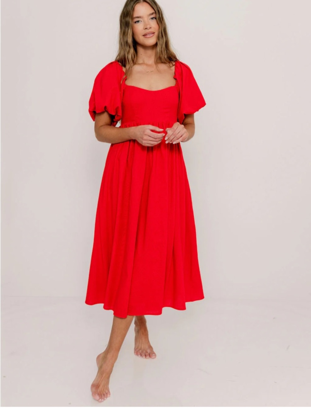 Women's Red Puff-Sleeve Midi Dress - Elegant Everyday Style